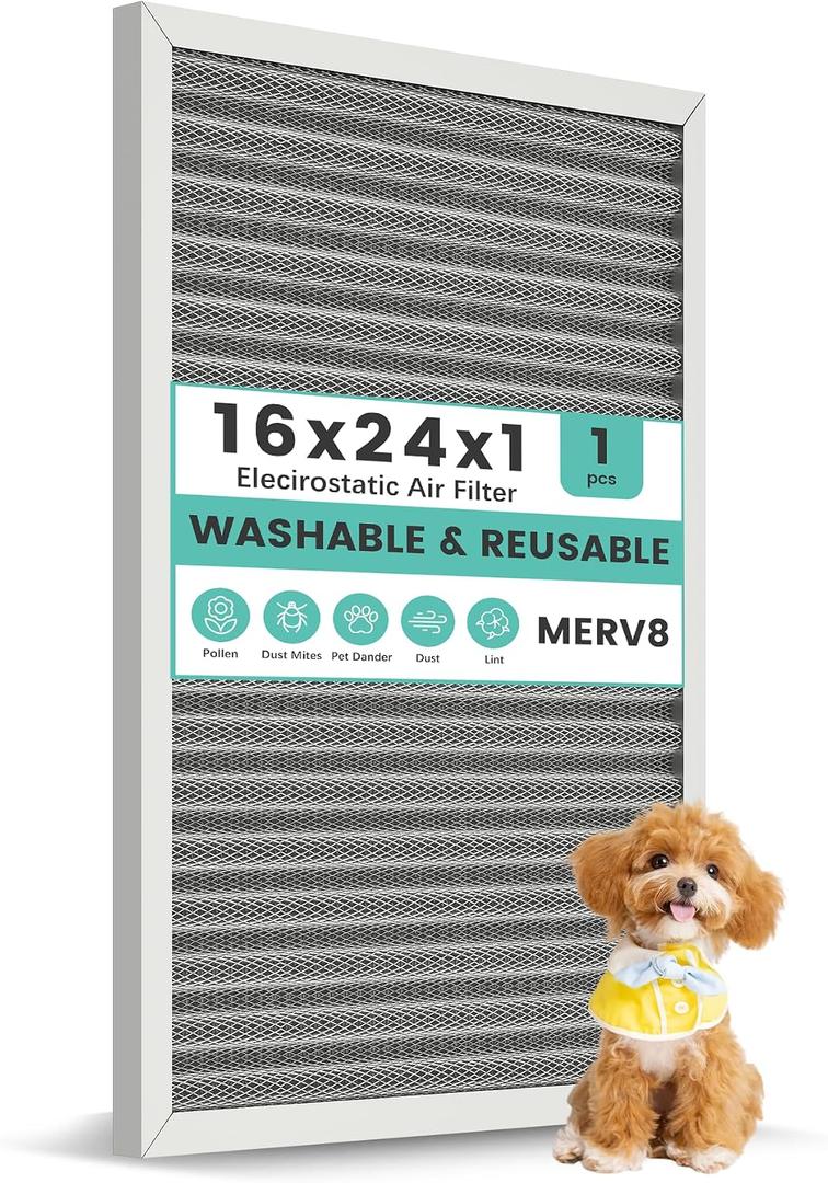 16x24x1 Reusable HVAC Furnace Air Filter, Washable Electrostatic Furnace Filter, MERV 8, Lasts a Lifetime, Breathe Fresher, Home And Office (Actual Size: 15.67x23.74x0.8 Inch)