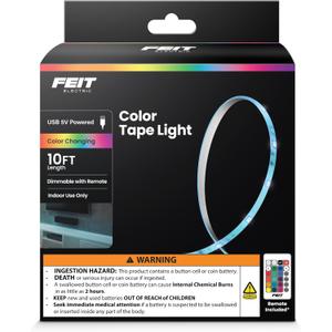 Feit Electric 10ft Color LED Tape Light, Dimmable, RGB Color with Remote Control, Cut-to-Fit Design, 5V USB-Powered Display Lighting, Indoor Use Only, 25,000-Hour Lifetime, TAPE120/RGB/USB