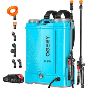OGERY Battery Powered Backpack Sprayer 4 Gallon, 2.6Ah 21V Battery Electric Pump Sprayer with 6 Nozzles, Telescopic Stainless Steel + Plastic Wand for Lawn Garden Weed Yard Cleaning (Charger Included)