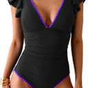 Aidonger Women's One Piece Ruffle Swimsuit Tummy Control Bathing Suit V Neck Shell Stitched Swim Suit Slimming Swimwear (Black, S)