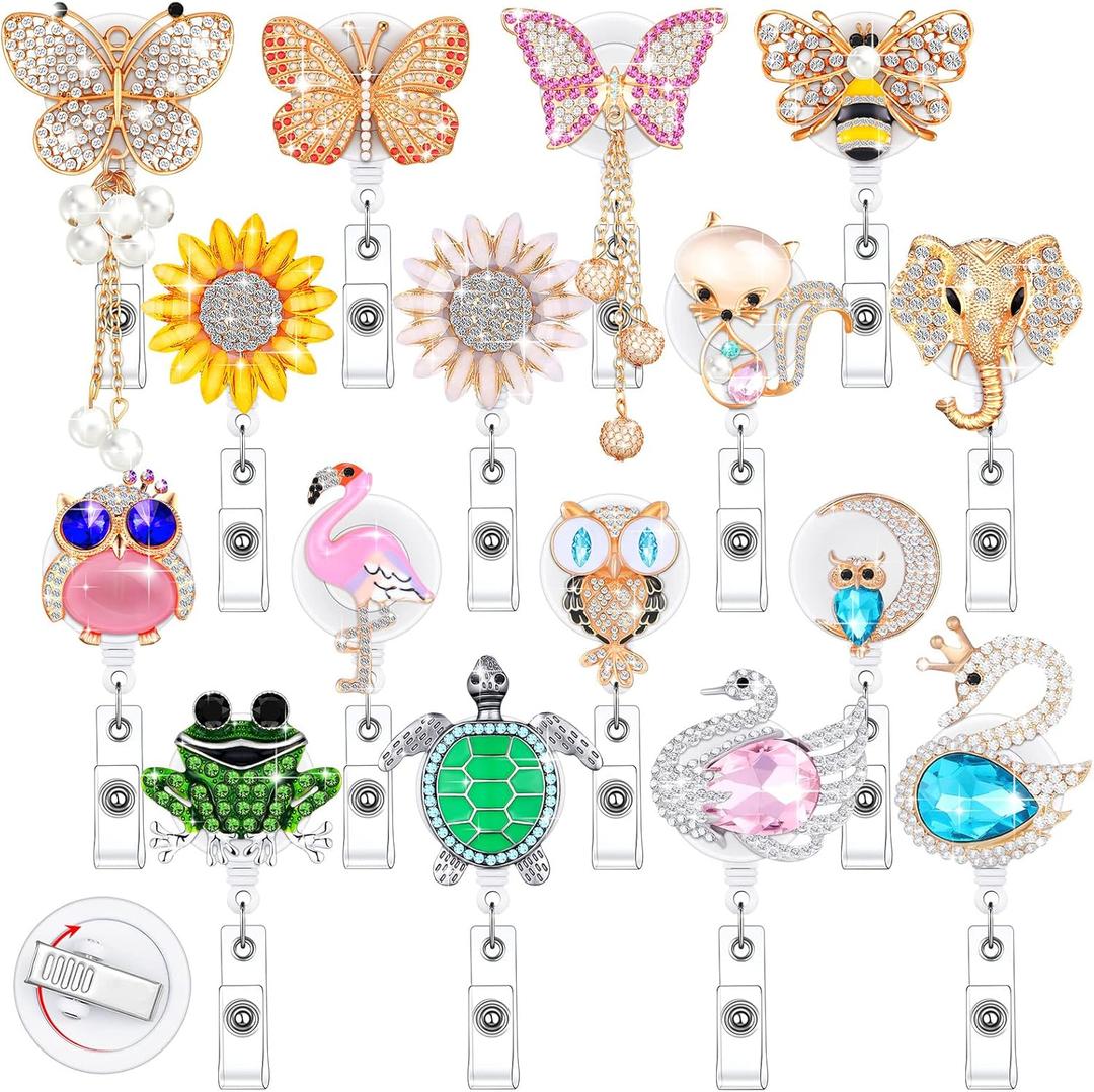 Teling 16 Pcs Nurse Retractable Name Badge Clip Sunflower Butterfly Rhinestone Badge Reels with Clip Spring Bling Nursing Card ID Name Tag Holder for Volunteer Nurse Doctors Teachers