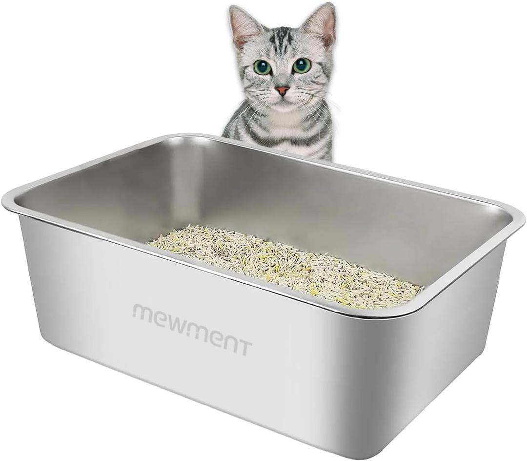 Stainless Steel Cat Litter Box – Large High-Sided Non-Stick Metal Pan with Anti-Slip Base, Easy-Clean Indoor Tray, 19.5" L x 13.5" W x 6" H in for Cats & Rabbits