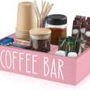 ALELION Coffee Station Organizer - Wood Countertop Accessories Organizer with Removable Dividers for Pods Condiment Syrup Tea Cups Stirrers - Pink Decor for Kitchen Coffee Bar