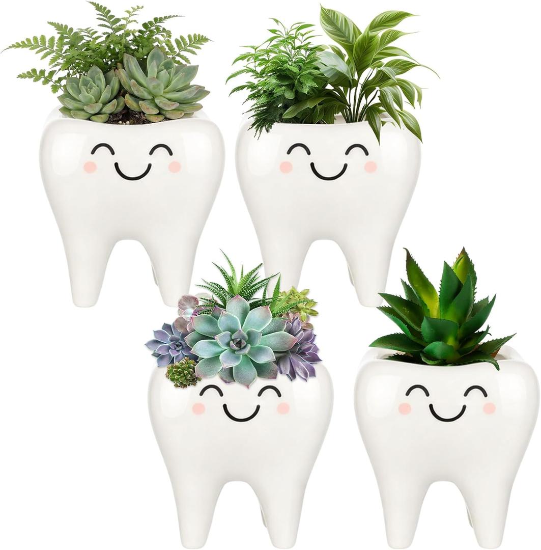 FoldTier Dental Hygienist Gifts Cute Tooth Shaped Planters Ceramic Succulent Cactus Flower Pot Funny Mini Office Pen Holder for Dental Assistant Graduation Accessories Dentist Office Decor(4 Pcs)