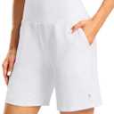 Women's Athletic Shorts with Zipper Pocket 7" High Waisted Stretchy Bermuda Shorts for Women Workout Running Casual (White, S)