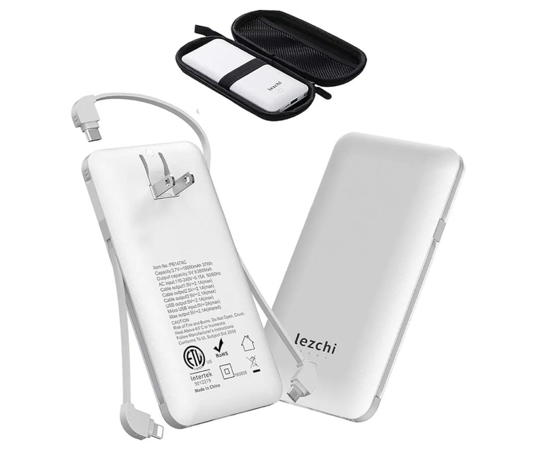 Portable Power Bank, Ultra Slim 10000mAh Portable Charger, USB C External Battery Pack with Built-in AC Plug, Charging Cable, Output Port, Compatible with All Kinds of Cellphones …