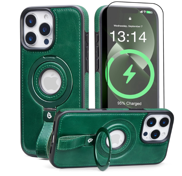 BUTAIGA for iPhone 16 Pro Leather Case with Stand, AntiSlip Grip Ring, Fits for MagSafe (Green, IP 16 Pro6.3inch)