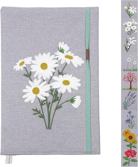 Embroidered Floral Journal Notebook, Softcover, Dotted line, (Light grey, Daisy), 192 Pages, Medium 5.8 inches x 8.6 inches - 80 GSM thick Paper Diary