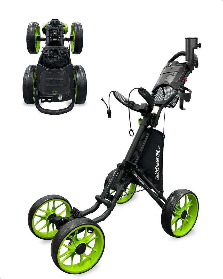 CaddyTek 4 Wheel Golf Push Cart - Caddycruiser One Version 8 1-Click Folding Trolley - Lightweight, Compact Pull Caddy Cart, Easy to Open
