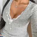 Verdusa Women's Plus Size Lace Basic Tees Long Sleeve Shirts Button Up Trendy Fall Tops (X-Large Plus, Grey)