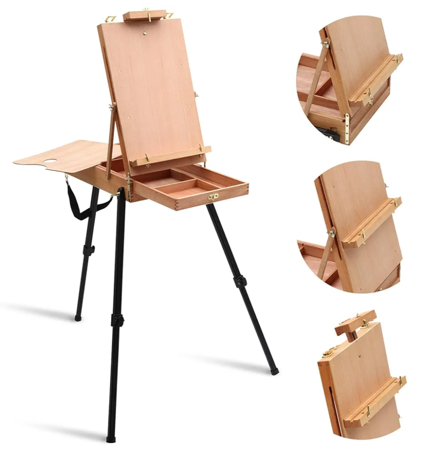 Falling in Art Light Weight French Style Field and Sketchebox Easel with Aluminum Tripod, Adjustable Beechwood Tripod Standing Easel with Drawer, Palette