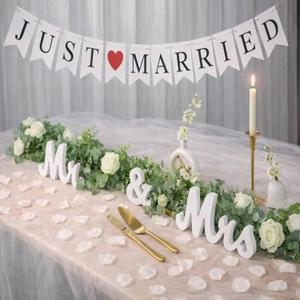Complete Wedding Decoration Set - Mr & Mrs Sign with Just Married Banner, Gold Cake Cutting Set, 13ft Eucalyptus Rose Garland and 200 Pcs Ivory Petals for Aisle Scatter & Table Centerpieces