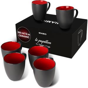 MIAMIO - Set of 6 Stoneware Coffee Mugs 12 Ounce/Cup Set - Le Papillon Collection (Black-Red)