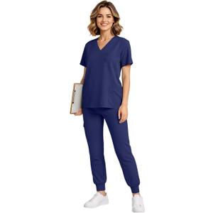 Scrubs for Women Set - V-Neck Scrub Top & Jogger Pants with 9 Pockets, Stretch Comfortable Medical Uniform (Blue, S)