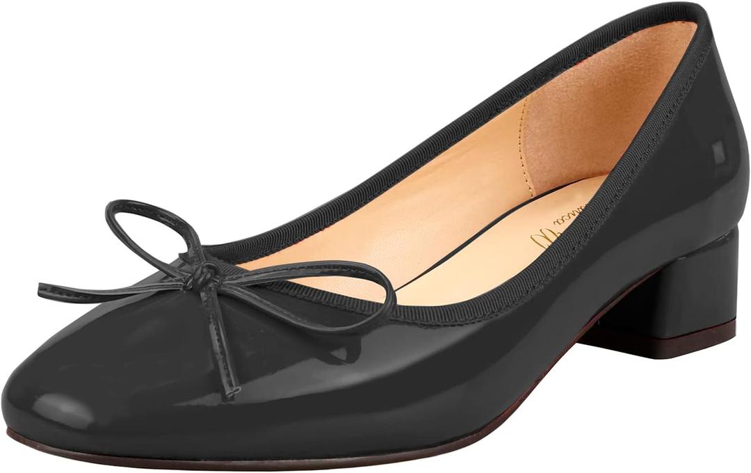 Lutalica W Women's Classic Closed Round Toe Patent Leather Comfortable Daily Slip On Bow Tie Chunky Heel Pumps Shoes (9, Black)