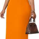 Women's Bodycon Midi Dress Deep V-Neck Cap Sleeve Ruched High Waist Stretchy Dresses for Date Nights, Parties & Work (Orange, M)