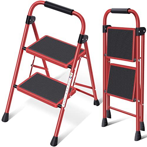 KINGRACK 2 Step Ladder, Folding Step Stool with Anti-Slip and Wide Pedal, Lightweight Stepladder with Handrails, Portable for Kitchen, Household, Red