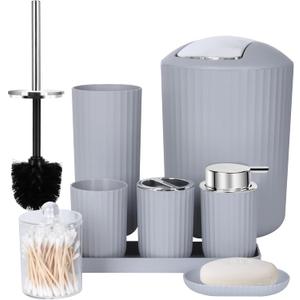 FEILANDUO Bathroom Accessories Sets Complete, 8 Pcs Bathroom Accessory Set with Trash Can, Soap Dispenser, Soap Dish, Toothbrush Holder,Toothbrush Cup,Toilet Brush and Qtip Holders,Vanity Tray (Gray)
