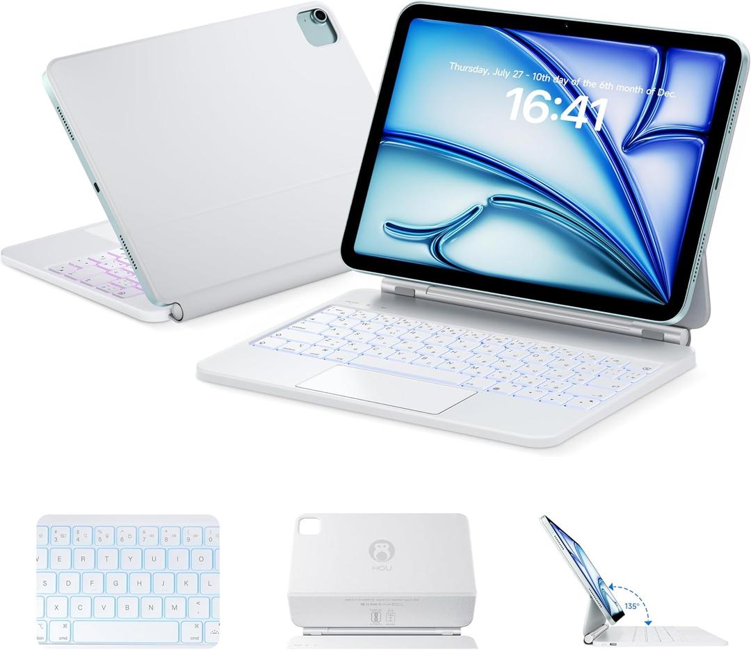 HOU Magnetic Keyboard Case for iPad Air 13/Pro 12.9, Wider 135 Adjustable Tilt, Smooth AG-Glass Touchpad, 12 Shortcut Key Combinations, 7-Color Backlight, Deeper 1.3mm Key Travel, Bluetooth, White