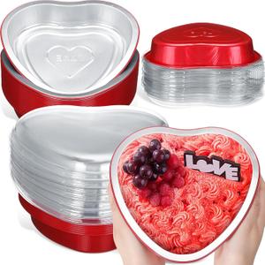 Patelai 25 Sets 22.7 oz Valentine's Heart Shaped Cake Pans with Lid 7.4 '' Valentine's Day Large Disposable Foil Aluminum Heart Baking Pan Tins for Valentines Day Baking Wedding Party Supplies(Red)