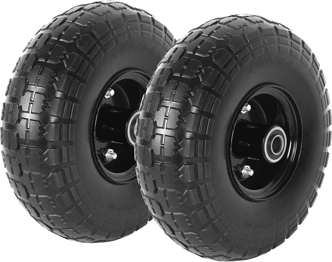 AR-PRO (2-Pack) 10-Inch Solid Tire 4.10/3.50-4" Tire and Wheels Flat Free with 5/8" Bearings, 2.2" Offset Hub - Perfect for Hand Truck, Wheelbarrow, Trolley, Garden Wagon Carts, Utility Cart (Black)