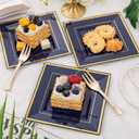 WDF 200PCS Blue Plastic Dessert Plates with Plastic Forks -6 100 Square Disposable Appetizer Plates Small Cake Plates with Gold&100 Navy Blue Small Appetizer Forks for Wedding/Birthday/Graduation