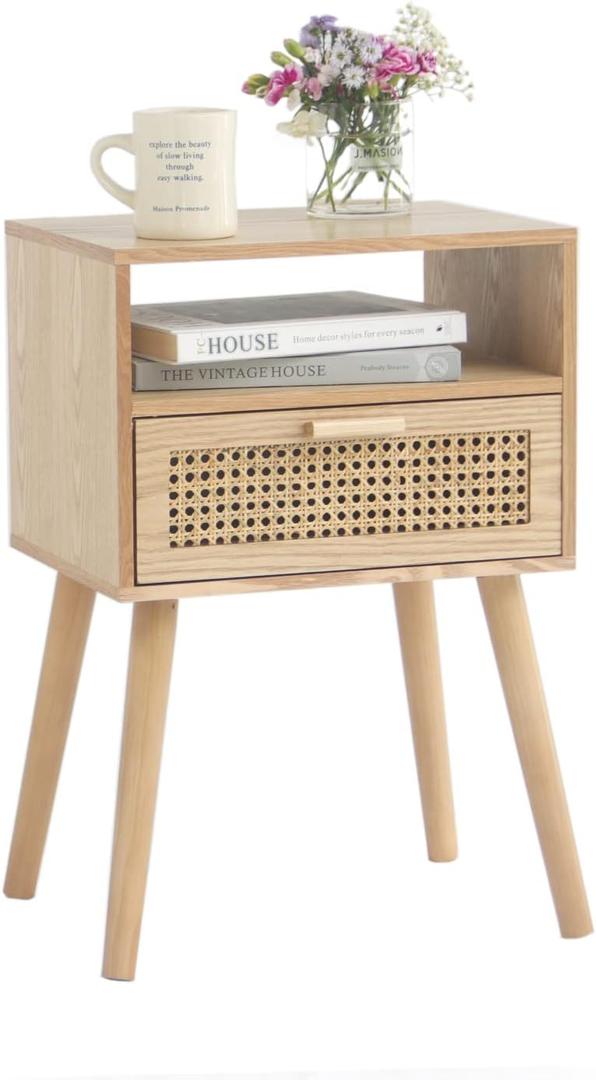 MaxSmeo Modern Nightstand Rattan Side End Table with Storage, for Living Room, Bedroom and Small Spaces, Accent Bedside Farmhouse Tables with Solid Wood Legs, Easy Assembly (Natural Walnut) (Top-natural Walnut)