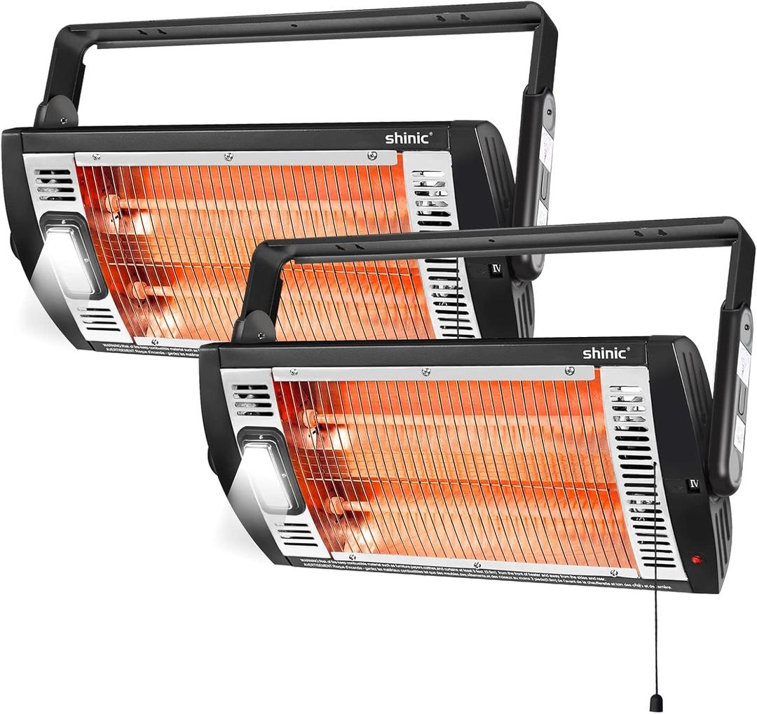 Shinic 2 Packs Electric Garage Heaters, 1500W/750W Ceiling Mounted Heater Radiant Heaters with Halogen Light, 90 Degree Rotation, 5 Mode Settings, Space Heater for Garage, Shop, Large Room and Patio