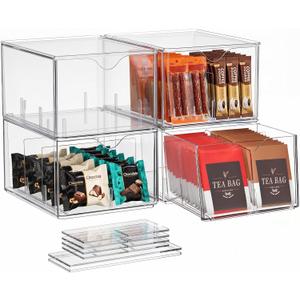 4 Pack Clear Tea Bag Organizers with 12 DIY Dividers, Stackable Tea Drawers