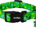 Dinosaur Dog CollarGreen with Multicolor Dino Pattern Handmade Cotton Collar for Small Medium Large Dogs, Adjustable & Comfortable Puppy Collar for Daily Walks, Park Adventures or Photos-XS
