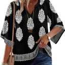 WIHOLL Boho Tops for Women Summer Spring 3/4 Sleeve Dressy Fashion V Neck Casual 2026 Business Beach Plus Size Resort Blouses (Small, A-multi Black)