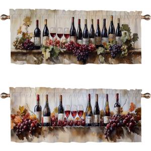 Rustic Red Wine Kitchen Curtains Set of 2 Watercolor Painting Wine Bottle Decoration Window Valances Curtains Drapes for Kitchen Bedroom Window Treatment Valances 54x18in