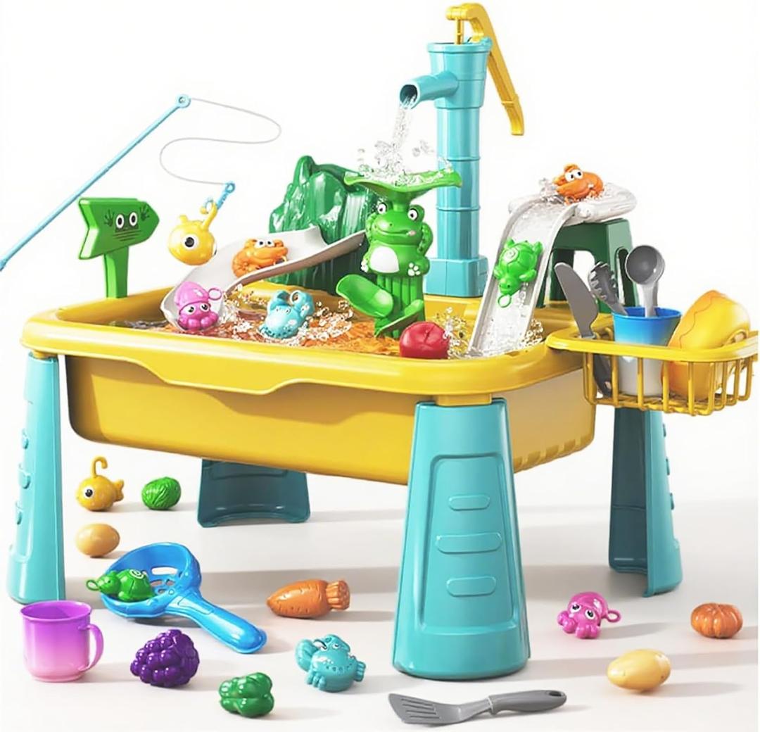 Water Table for Toddlers Kids Toys - Fishing and Water Play Set with Pump Bathroom and Outside Toys for Boys 3-8 Years Old