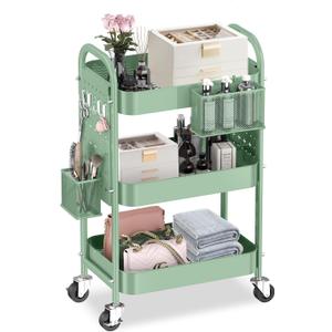 ALVOROG 3 Tier Rolling Cart with DIY Pegboards Metal Utility Cart with Wheels Handles Baskets Hooks, Storage Cart for Office Kitchen Bathroom(Green)