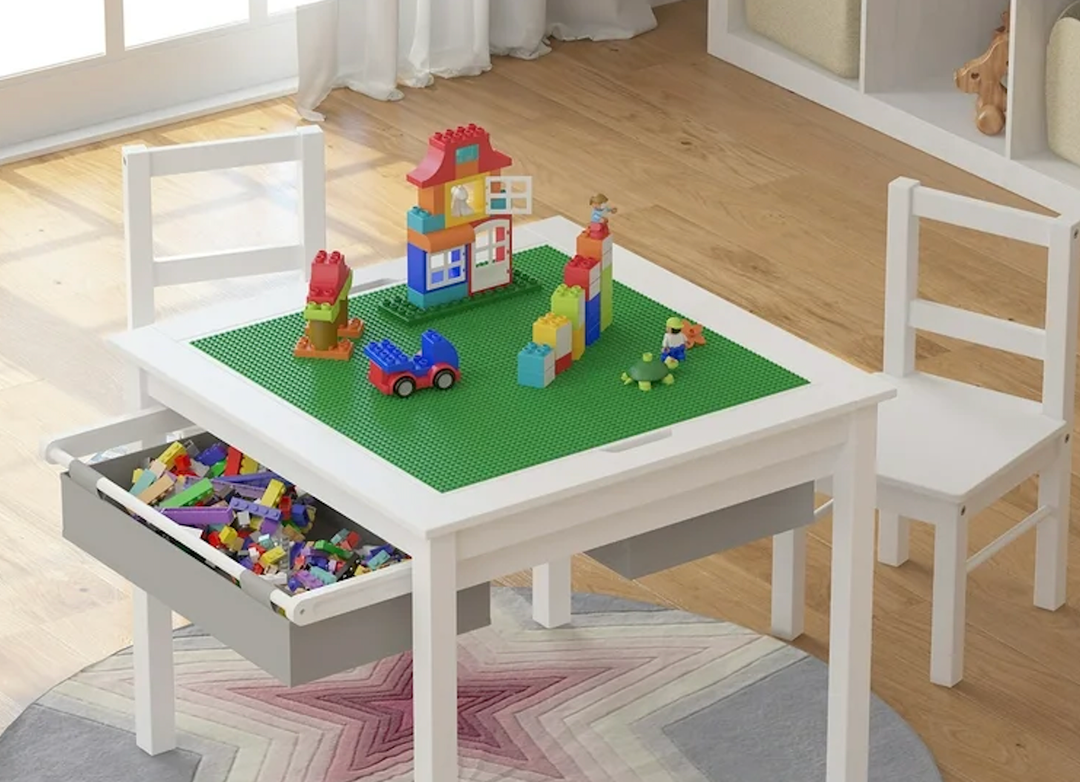 UTEX Wooden 2 in 1 Kids Construction Play Table and 2 Chairs Set with Storage Drawers, and Built in Plate Compatible with Lego and Duplo Bricks