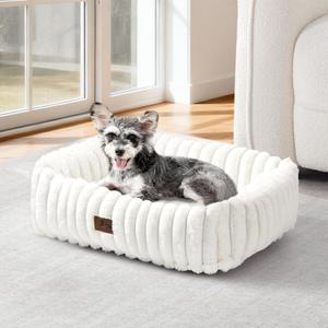 Washable Dog Bed for Small Medium Dogs - Rectangle Orthopedic Corduroy Fleece Pet Bed with Removable Cover and Nonskid Bottom, Calming Puppy Bed Soft Pet Sofa, Cream(20x19x6inchs)
