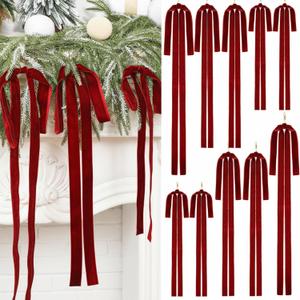 Janinka 12 Pcs 3 Sizes Burgundy Velvet Bows Christmas Tree Ornaments Vintage Christmas Ribbon Bow for Tree Garland Rustic Wreath Indoor Xmas Decoration (Wine Red)
