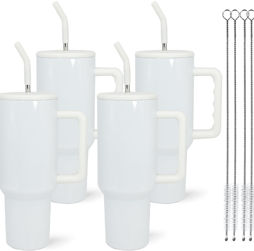 FECBK 40 oz Sublimation Tumbler with Handle and Straw Keeps Cold for 34 Hours Leakproof Double Wall Vacuum Insulated Travel Mug 40 oz Stainless Steel Cup Tumblers Bulk Sublimation Blank White 4 Pack