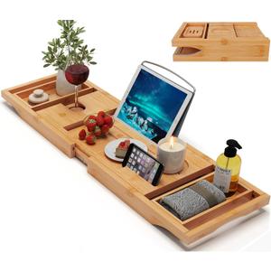 Bamboo Bathtub Caddy Tray Expandable for Luxury Bath, Bath Accessories & Table with Wine Glass Holder, Book Stand Bathroom Organizer with Extending Sides for Men/Women,Natural