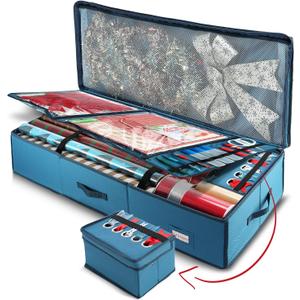 Hearth & Harbor Wrapping Paper Storage Container - Christmas Storage Bag with Ribbon Dispenser and Interior Pockets - Gift Wrap Organizer Fits Up to 26 Rolls of 40" Length, Blue (Large)