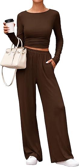 PRETTYGARDN Two Piece Lounge Sets For Women 2025 Casual Long Sleeve Shirts Wide Leg Pants Tracksuit Workout Matching Set(Brown,Large)