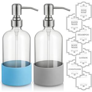 16 oz Hand and Dish Soap Dispenser Set for Kitchen and Bathroom, 500ml Clear Glass Soap Dispenser with Stainless Steel Pump, Non-Slip Silicone Sleeves, Labels - 2 Pack