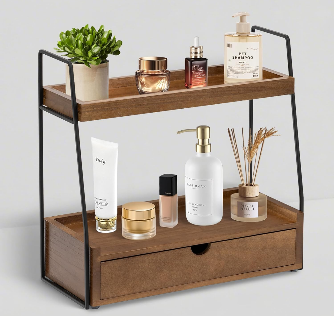 2-Tier Bathroom Organizer Countertop with Drawer, Wood Counter Organizer for Bathroom Decor, Sink Shelf for Vanity Storage, Makeup Tray for Perfume Skincare Bedroom Kitchen Corner
