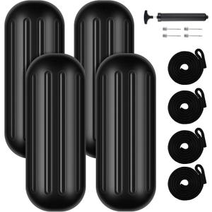 Boat Fenders 4 Pack 10x26Inch,Ribbed Center Hole Boat Fenders for Docking,Boat Bumpers Fenders Pontoon Boat Bumpers for Docking,Inflatable Boat Bumpers Comes with Rope Needle and Pump, 10 x 26 inch, Black
