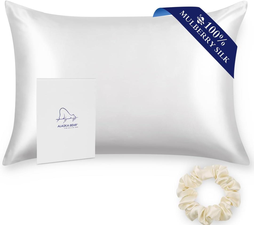 Alaska Bear Silk Pillowcase for Hair and Skin, 100% Mulberry Silk Pillow Cases Queen Size for Beauty Sleep with Random Scrunchy Gift Set Better Than Poly Satin Cover, 1pc, Cool White (Queen 20''x30'')