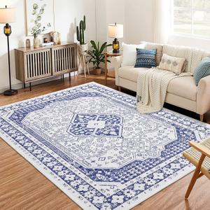 Washable Bordered Area Rugs for Living Room, 8x10 Ultra-Thin Large Area Rug, Stain Resistant No Slip Vintage Moroccan Soft Carpet for Bedroom Dining Room, Dark Blue