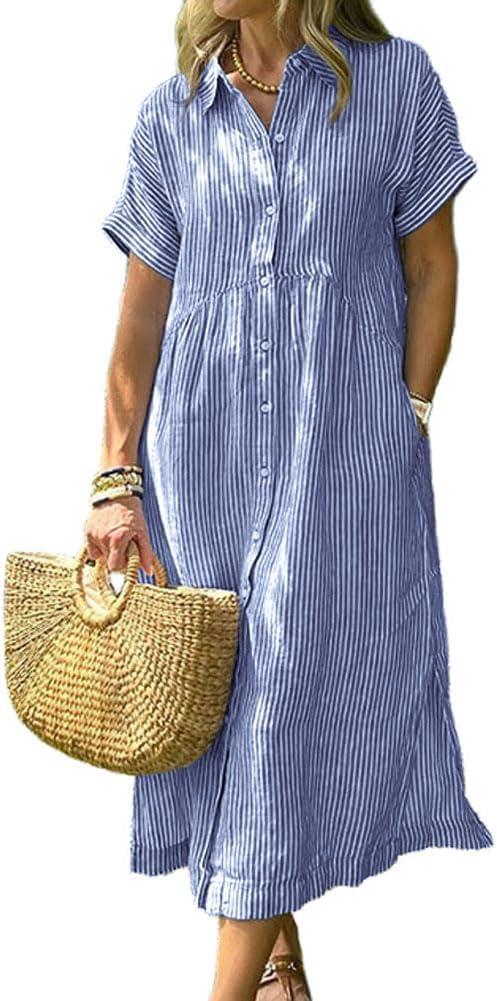 Chouyatou Women's Summer Striped Midi Long Shirt Dress Casual Loose Short Sleeve Button Down Dress (3X-Large, Blue)