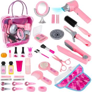deAO Hair Salon Toys for Girls Beauty Salon Set Kids Pretend Hair Styling Set with Hairdryer, Mirror, Curling Iron and Stylist Accessories for Toddler Makeup Party Christmas (Fake Makeup)