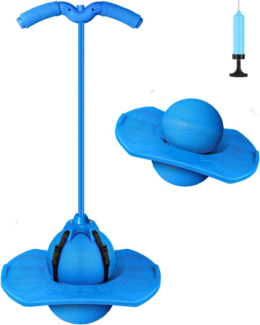 Pogo Jumper with Handle and Ball Pump, High Jump Toy Bounce Jump Trick Board Pogo Bouncing Ball Safe and Fun Pogo Stick for Kids Boys Girls and Adults (Blue)