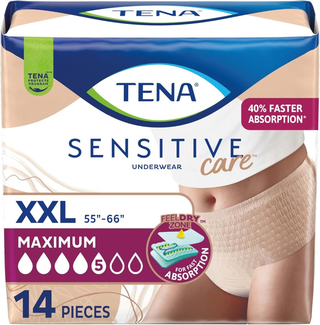 Tena Sensitive Care Underwear for Women Maximum, Adult Diaper, Postpartum and Bladder Leakage, XXL, 14 Count, Better Fit